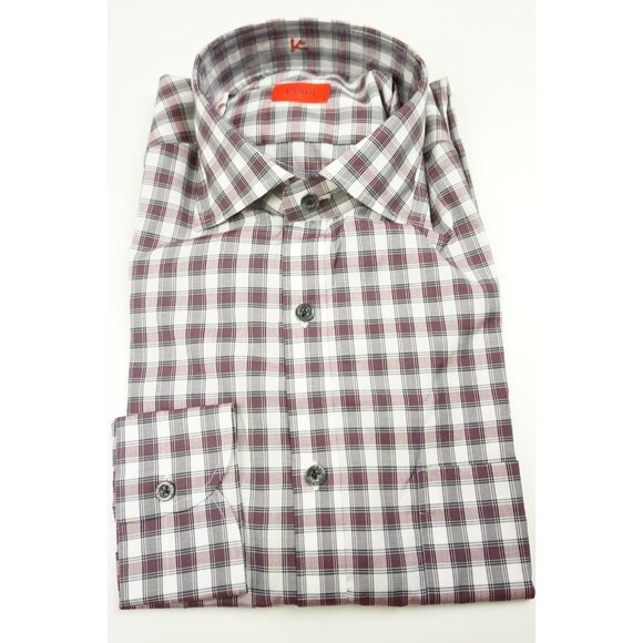 Isaia Other - Isaia Merlot Red White Black  Plaid Long Sleeve Cotton Dress Shirt 15.5/39 NEW